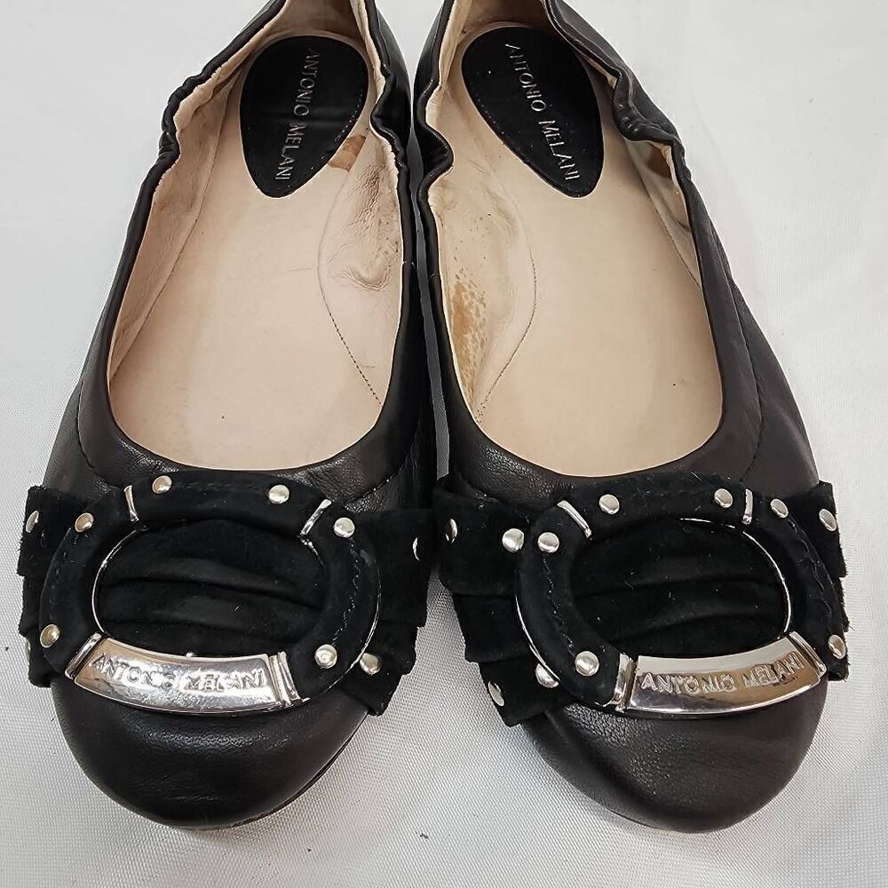 Antonio Melani Size 8 Black Leather Ballet Flats Buckle And Suede Studded Detail - Picture 9 of 9